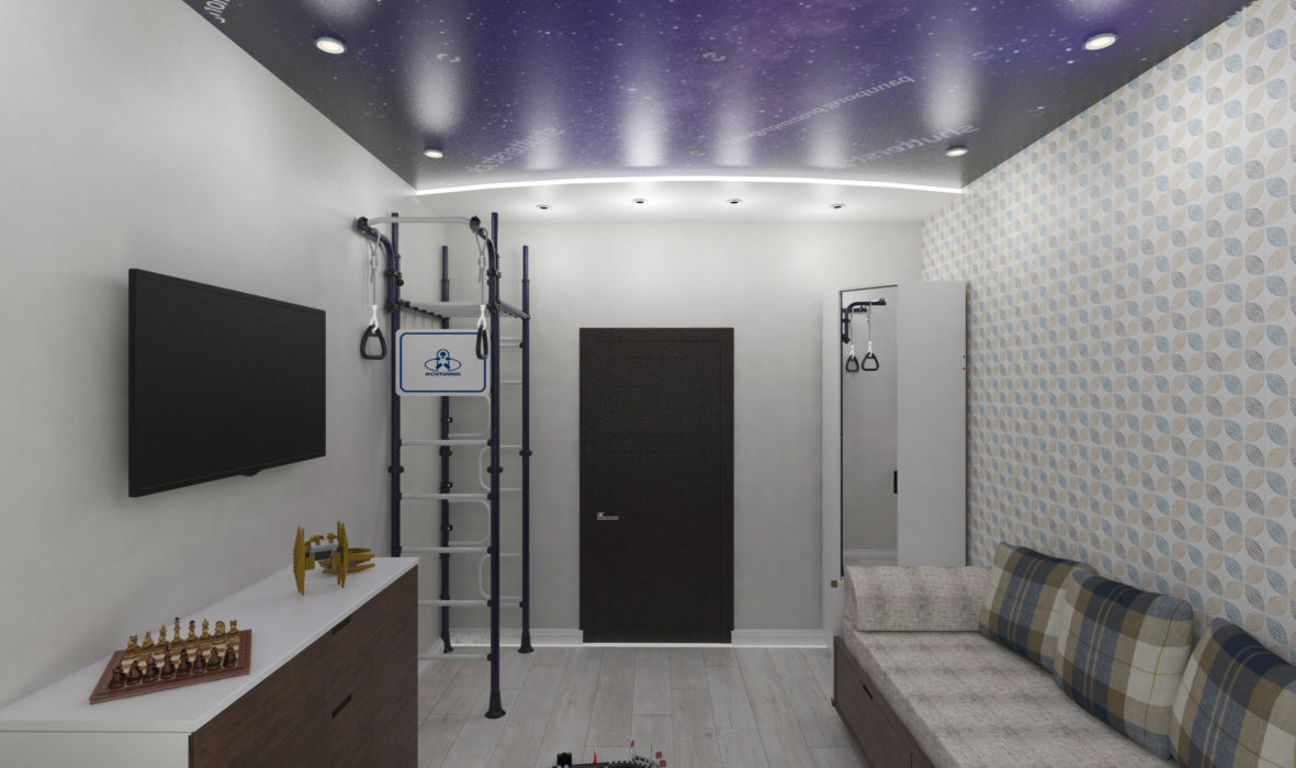 визуальное оформление трехкомнатной квартиры изнутри фиолетово-черный потолок