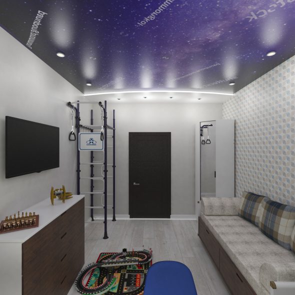 визуальное оформление трехкомнатной квартиры изнутри фиолетово-черный потолок