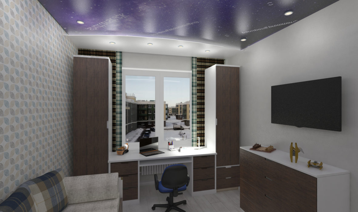 интерьер гостиной трехкомнатной квартиры фиолетово-черный потолок