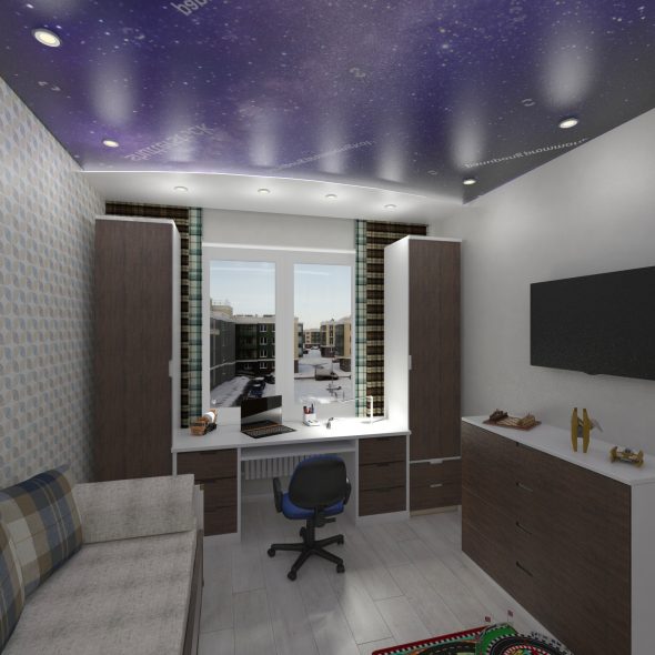 интерьер гостиной трехкомнатной квартиры фиолетово-черный потолок