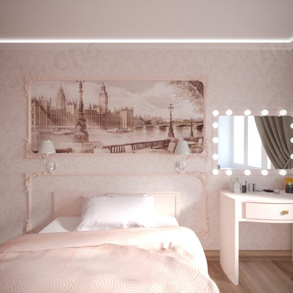 спальня пастельных розовых оттенков в двухкомнатной квартире 