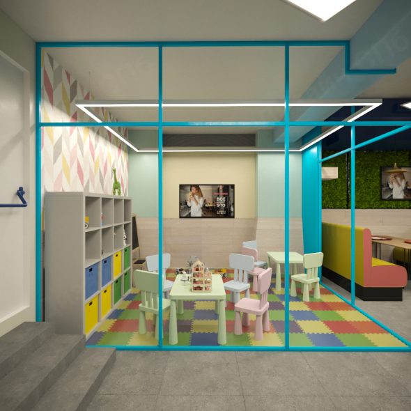 зонирование пространства кафе прямоугольниками в виде просвечиваемого каркаса