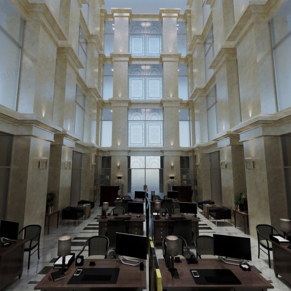 грандиозный вид просторного офиса с интерьером на заказ