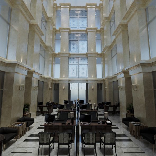 высокие своды офиса в стильной дизайнерской обработке