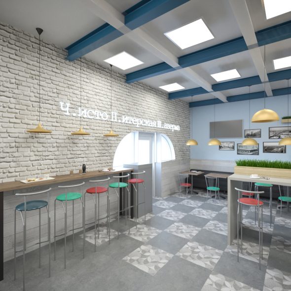 серо-голубой дизайн с яркими пятнами разных цветов кафе 