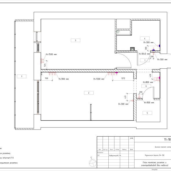 Черчеж дизайн интерьера светлой однокомнатной квартиры