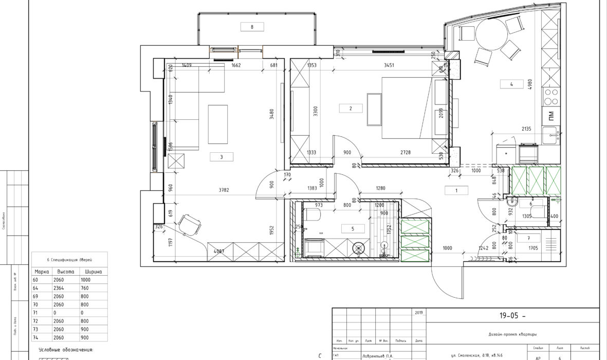 Черчеж проекта современной двухкомнатной квартиры 5
