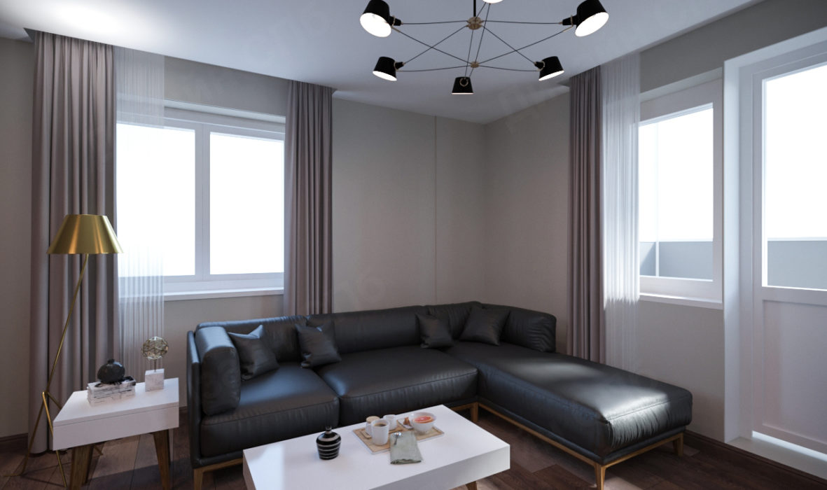 Дизайн проект гостиной двухкомнатной квартиры черный, белый, коричневый