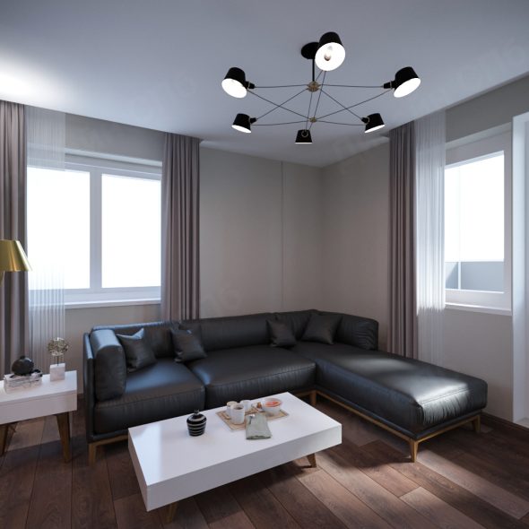 Дизайн проект гостиной двухкомнатной квартиры черный, белый, коричневый