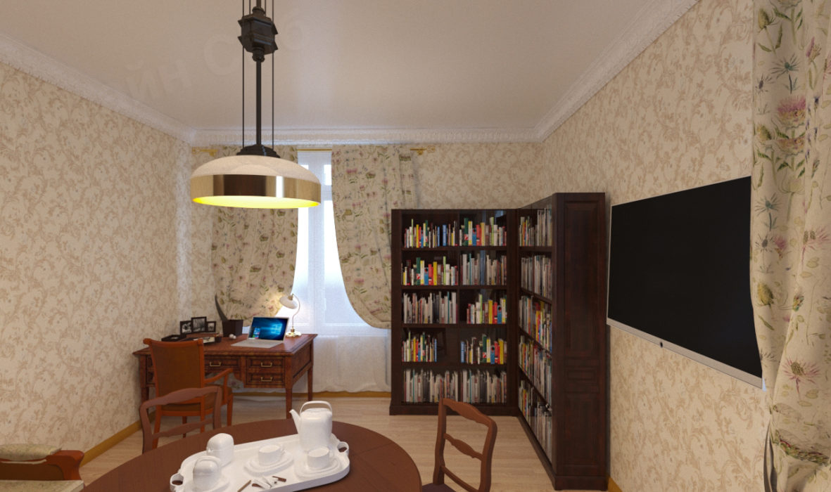 интерьер кабинета-приемной с книгами трехкомнатной квартиры