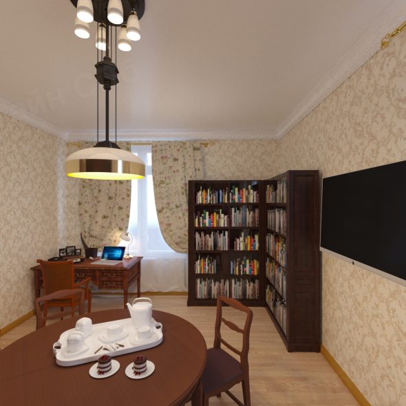 интерьер кабинета-приемной с книгами трехкомнатной квартиры