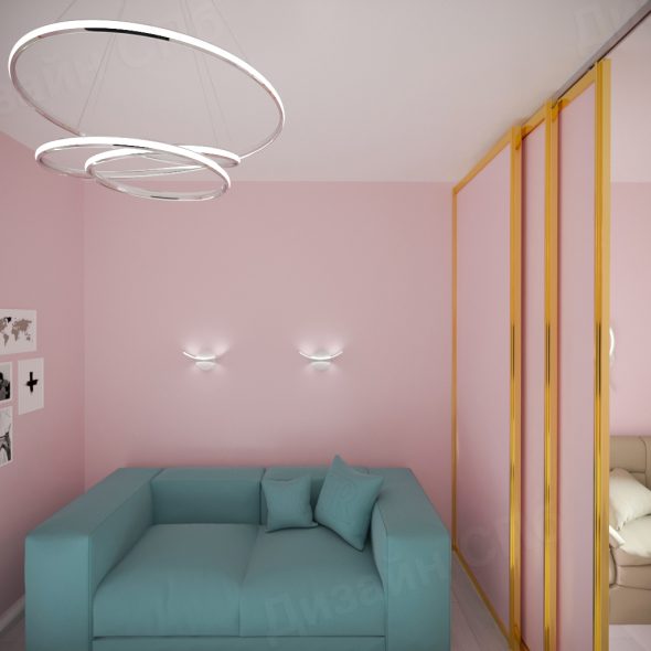 гардеробный шкаф в небольшой гостиной как элемент интерьера светлой однокомнатной квартиры