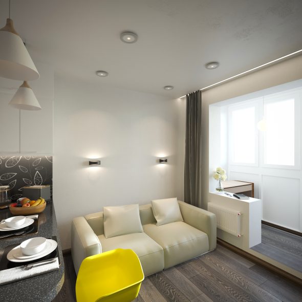 дизайн студии с большим окном яркий желтый среди сдержанных тонов 