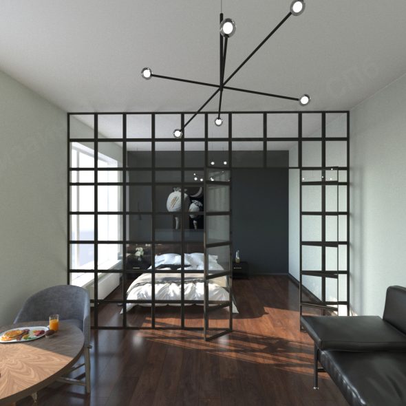 разделение спальни и гостиной конструкцией в стиле лофт