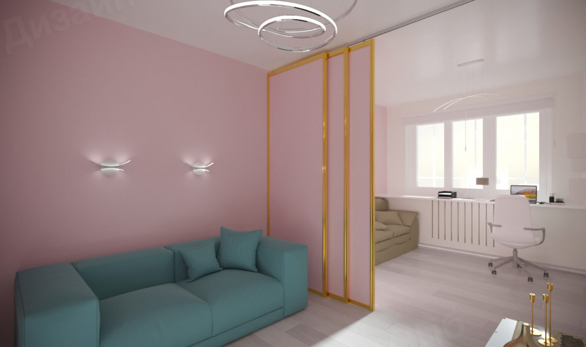 Образец зонирование комнат светлой однокомнатной квартиры 