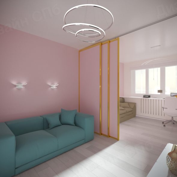 Образец зонирование комнат светлой однокомнатной квартиры 