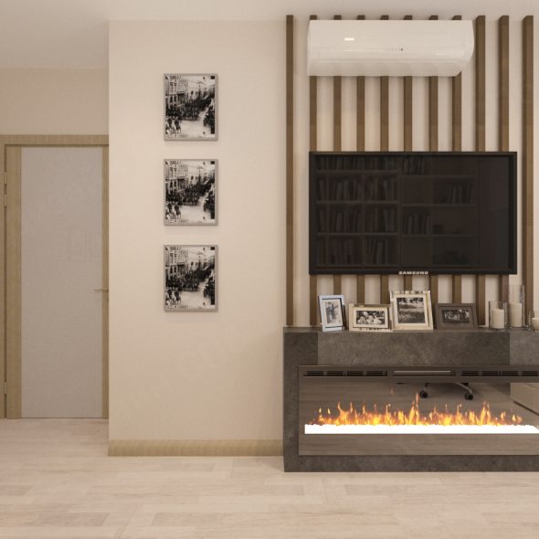 успокаивающий интерьер гостиной современной четырехкомнатной квартиры камин телевизор 