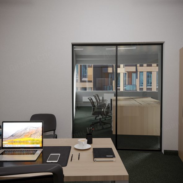 кабинет руководителя с видом на офис работников 