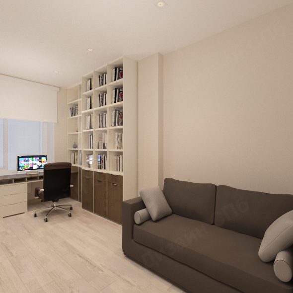 гостиная с диваном, рабочим местом и книжным шкафов четырехкомнатной квартиры