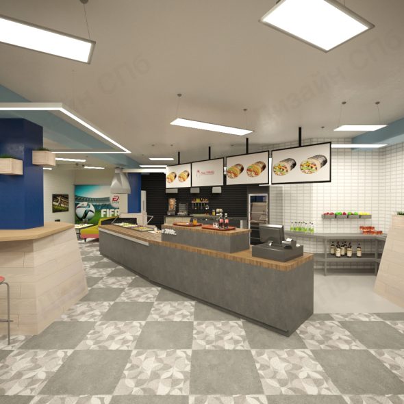 внутренняя отделка заведения общепита по дизайну пол, стойки, места