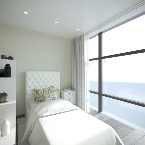 интерьер минималистичной спальни однокомнатной квартиры дизайн Петербург