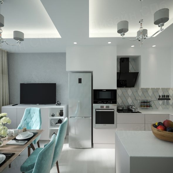 рациональная комплектация пространства маленькой кухни серо-голубой