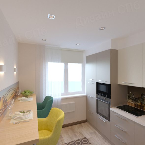 кухня в оригинальной дизайнерской подаче с вкраплениями ярких цветов