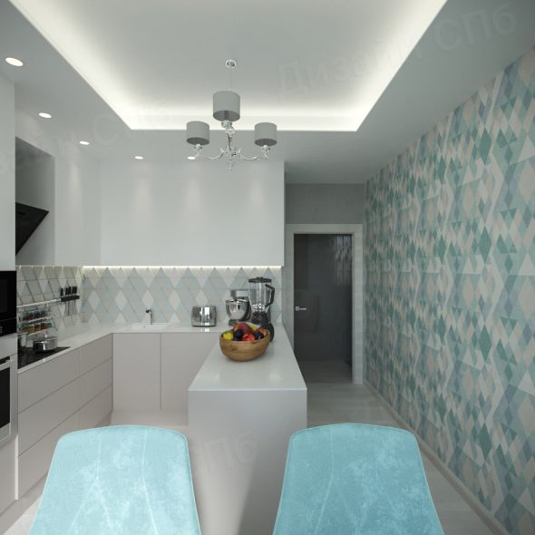 дизайн интерьера кухни с принтом бирюзовый