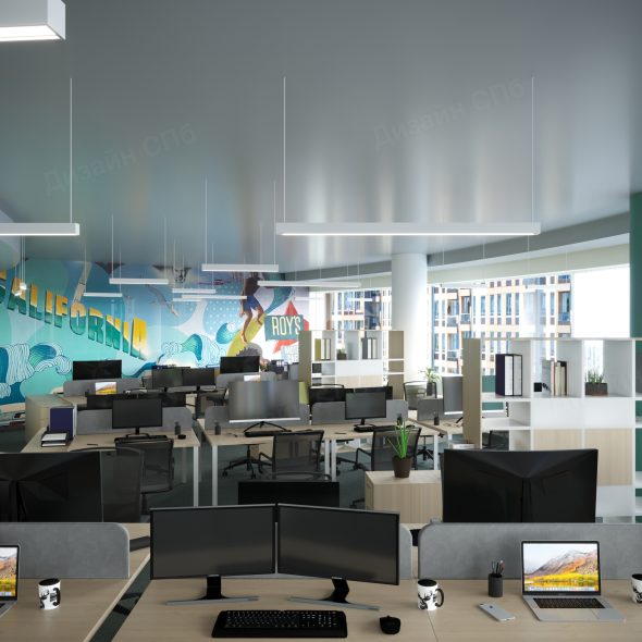 зонирование рабочих мест офисного помещения бирюзовый и серый 