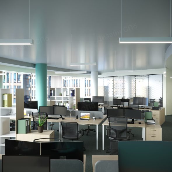 расстановка рабочих мест офисного помещения в стиле минимализма 