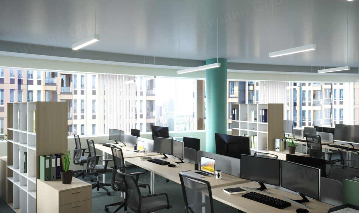 интерьер проект с бирюзовыми плоскостями офисного помещения 