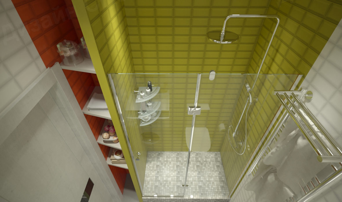 душевая кабина в ванной студии дизайн бело-салатово-красного оттенков