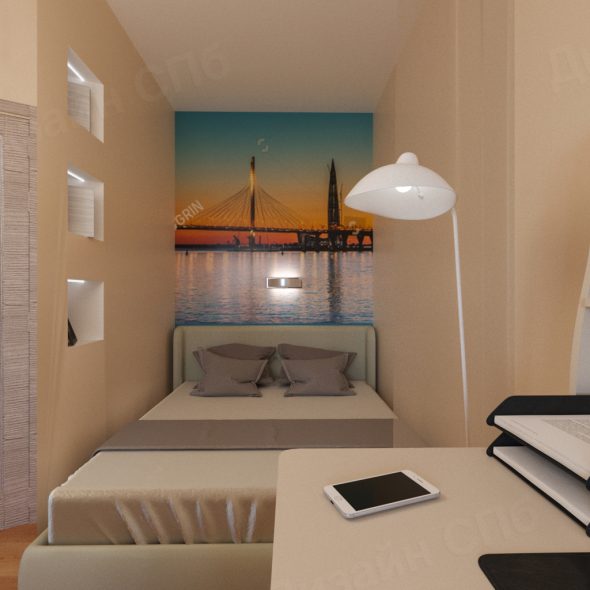 Кремовая спальня с рабочим местом однокомнатная квартира модерн 