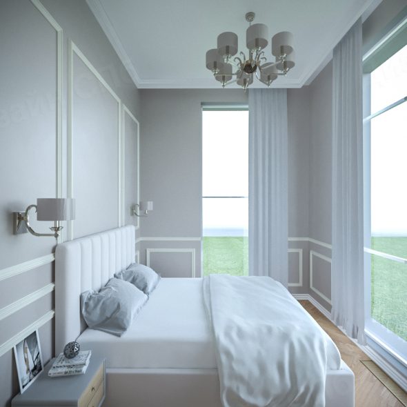 спальня частного дома с двумя окнами до пола заказать дизайн