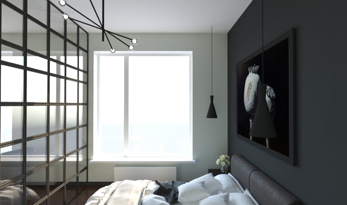 спальня лофт формата в просторной квартире с большими окнами