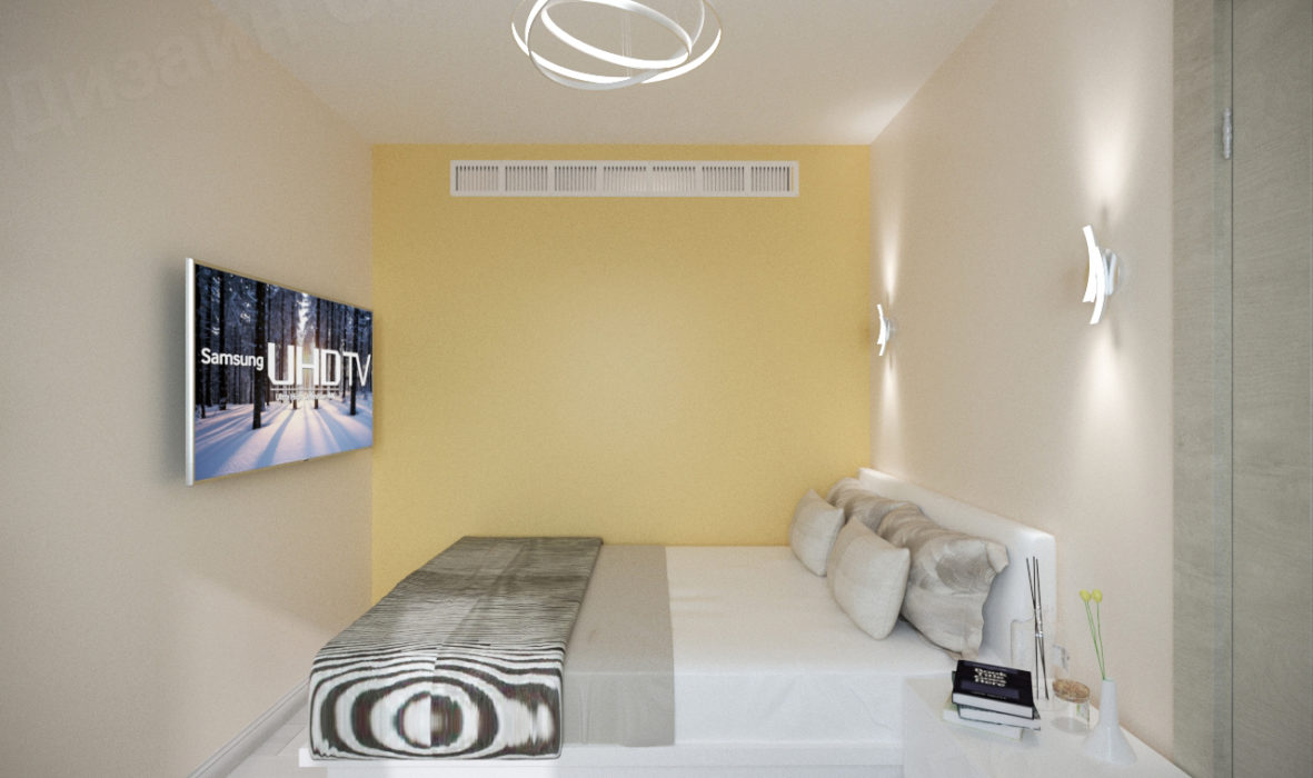 спальня бело-желто-серых тонов трехкомнатной квартиры 