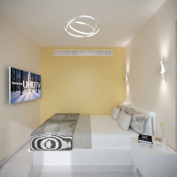 спальня бело-желто-серых тонов трехкомнатной квартиры 