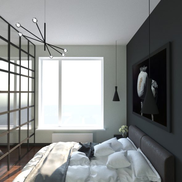 спальня лофт формата в просторной квартире с большими окнами