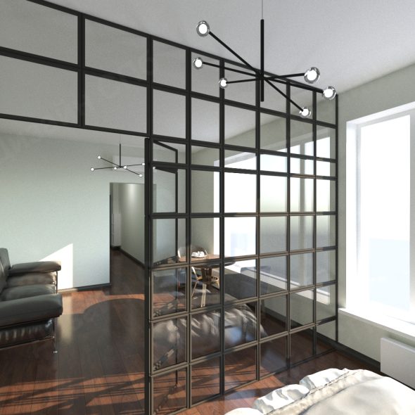 визуальное зонирование спальни и гостиной, перегородка в стиле лофт