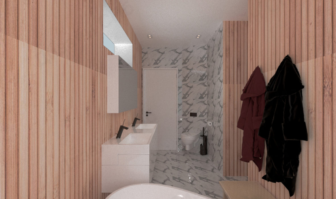 розовый и серый в умиротворяющем дизайне ванной частного дома 