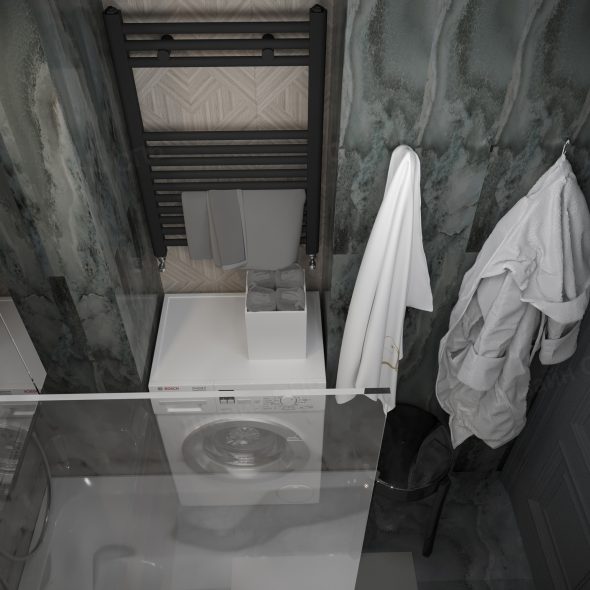 компактное расположение техники и вещей в ванной по дизайн-проекту