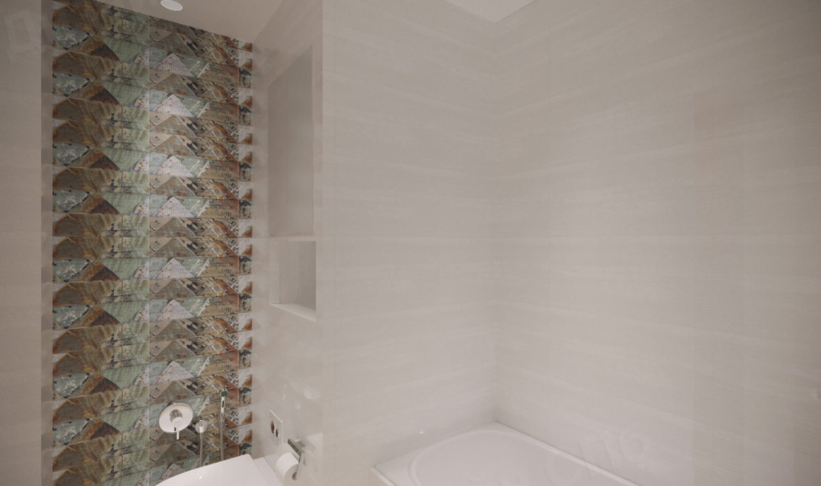 ванна и санузел в оформлении с принтом на стене в однушке