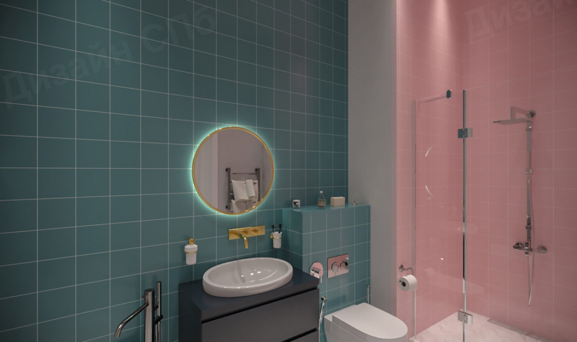 ванная комната частного дома в оригинальной дизайнерской палитре цветов
