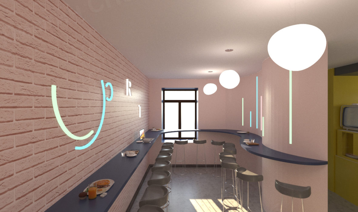 полукруглые мотивы изгибов в дизайне кафе стиль поп-арт