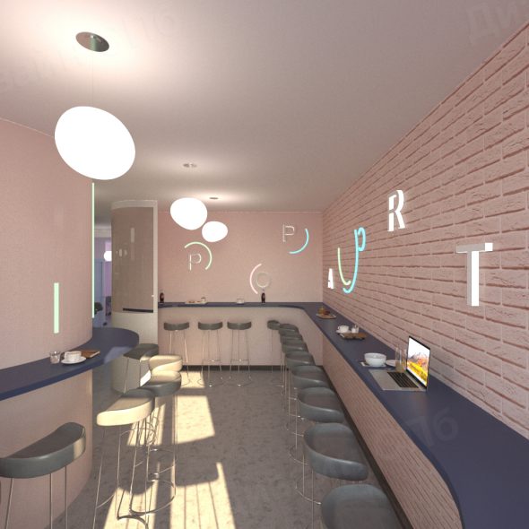 оформление внутреннего пространства кафе в розово-сине-фиолетовых тонах