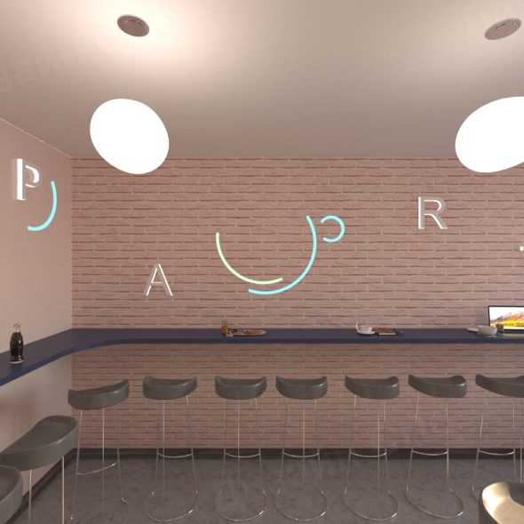 ровные ряды стульев в интерьере поп-арт современного кафе