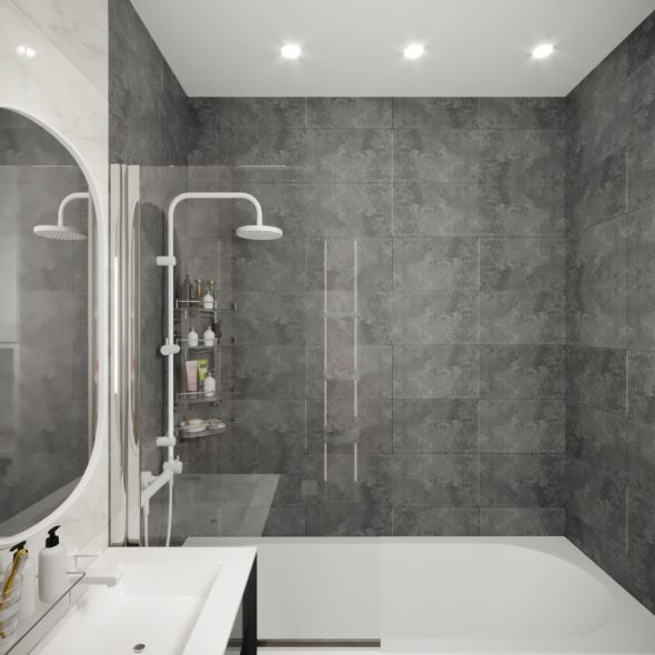 ванная комната однокомнатной квартиры в бело-серых цветах