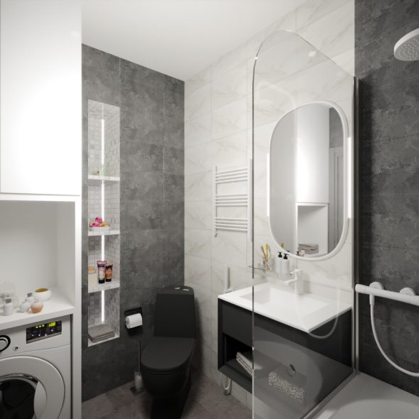 стильная экспозиция санузла однокомнатной квартиры