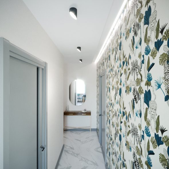 арт-дизайн узкой прихожей однокомнатной квартиры