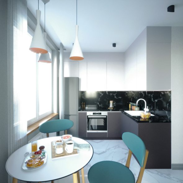 оформление обеденного стола и рабочей зоны кухни однокомнатной квартиры